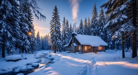 Winter cabin in snowy forest scene with sunlight and smoke for christmas holiday vacation travel escape