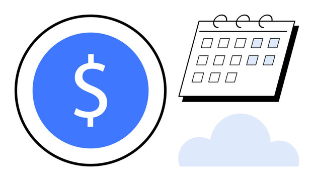 Blue dollar coin, calendar icon with highlighted dates, and cloud graphic representing financial organization. Ideal for business, scheduling, savings, technology, cloud computing, investments