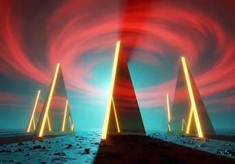 Mystical Pyramids with Neon Lights Under a Swirling Sky, Surreal Art