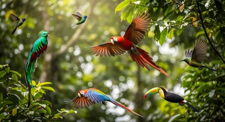 Fototapeta premium Colorful tropical birds in rainforest wildlife nature scene with parrots toucan and hummingbirds flying free