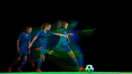 Sequence of female football player sprinting with glowing turquoise and blue light. Concept of speed, focus, motion design, fitness advertising, and athletic energy branding.