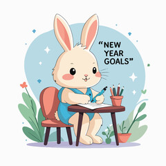 cute bunny sitting at small table writing ‘New Year Goals’ on paper