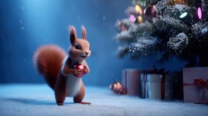 squirrel stands in front of a snow-covered Christmas tree