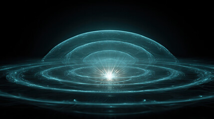 Glowing blue spheres and concentric rings in dark space