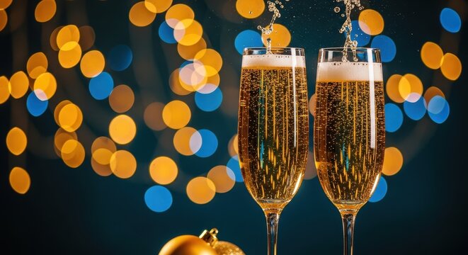 Champagne pouring into two flutes against a dark, festive bokeh background.