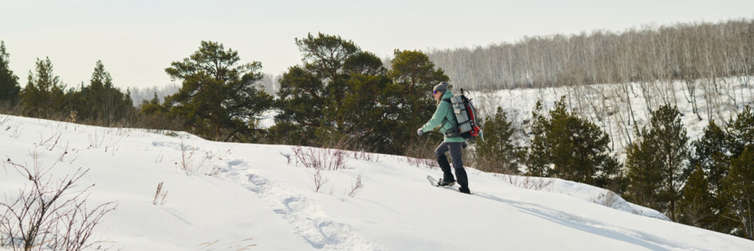Caucasian middle aged man hiking through snowy landscape with backpack and snowshoes, moving uphill along trail surrounded by winter forest, facing away from camera - Powered by Adobe