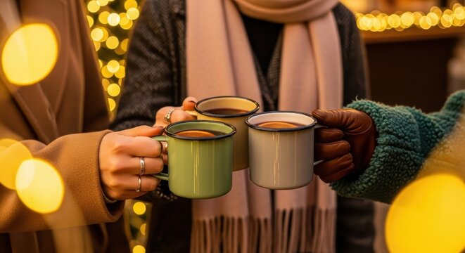 Friends toasting with enamel mugs of mulled wine at a festive outdoor winter market. - Powered by Adobe