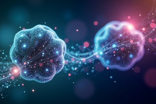 Two glowing, star-filled spheres float in cosmic space, connected by radiant trails of light and particles.