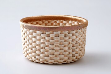 polished woven basket with braided cord, satin ribbon, flat base with gentle shadows.