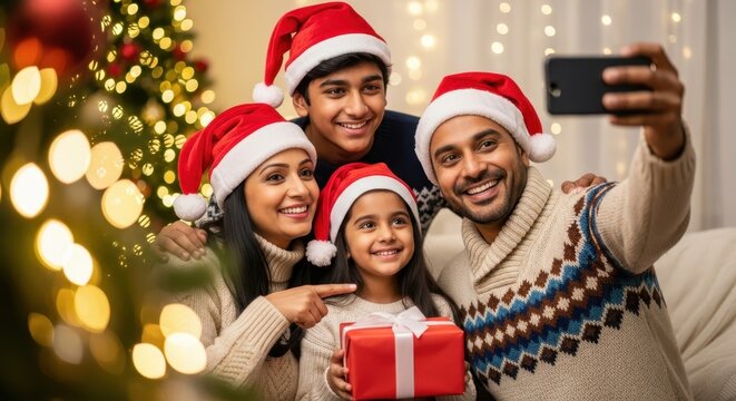Happy South Asian family wearing Santa hats taking a Christmas selfie in a cozy, decorated living room. - Powered by Adobe