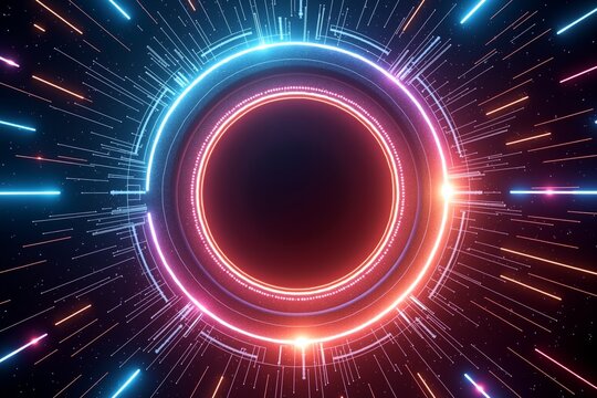 Futuristic glowing ring in neon red and blue, surrounded by digital circuit patterns on dark background. Sci-fi tech aesthetic.