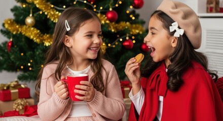Two happy young girls drinking hot chocolate and eating cookies by the decorated Christmas tree