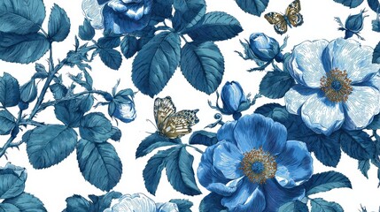vintage floral illustration seamless pattern wild rose and butterfly blue and white color scheme vintage floral illustration seamless pattern wild rose and butterfly blue and white color scheme
