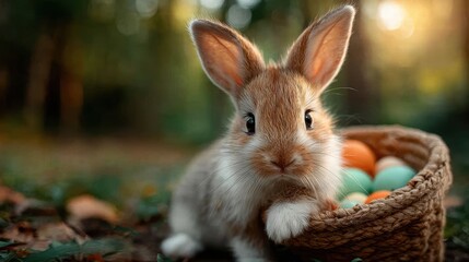 a cute baby bunny carrying an easter basket
