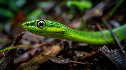 Image of a unique green snake in the Kalimantan forest Indonesia