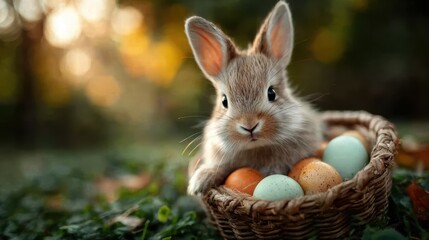a cute baby bunny carrying an easter basket