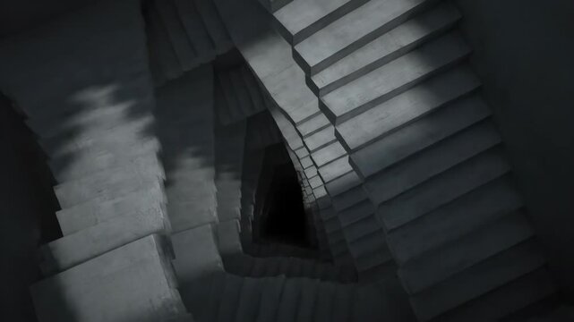 Spiral concrete staircase descending into a dark void, creating a sense of mystery and an infinite, abstract journey with light and shadow playing on its repetitive architectural structure