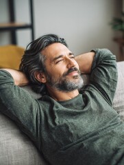 Obraz premium mature man resting on sofa and thinking about the future hispanic man lying on couch and looking away smiling casual guy relaxing and daydreaming on sofa at home no logos no brands ar 34