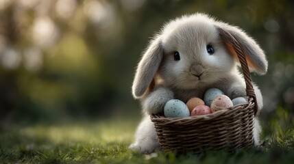 a cute baby bunny carrying an easter basket