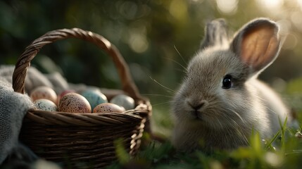 a cute baby bunny carrying an easter basket
