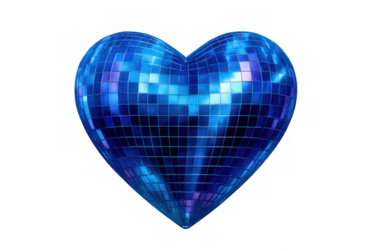 Blue disco ball heart showing sparkling reflections and mosaic pattern on a transparent background - Powered by Adobe