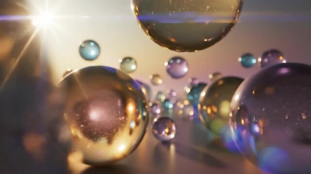 Floating iridescent spheres with reflections and light flare art
