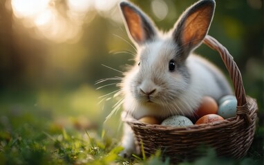 a cute baby bunny carrying an easter basket