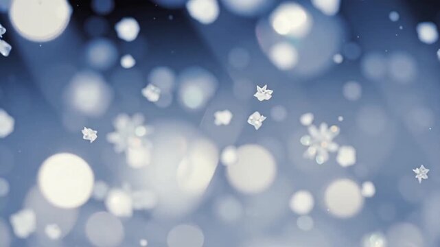 Soft white bokeh and delicate snowflake sparkles drift through a cool blue gradient background, creating a serene, dreamy winter scene with gentle depth and crystal-like light effects.