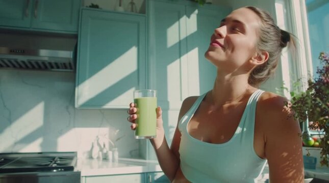 Young Woman Enjoying a Fresh Homemade Wellness Drink