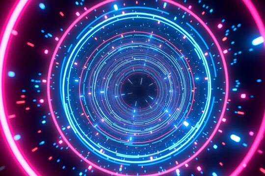 Neon-lit cyber tunnel spirals forward, glowing pink and blue circuits racing toward a dark horizon in futuristic digital space.