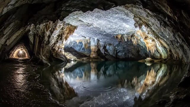 Large natural cave discovering geological formations including stalactites, stalagmites, ancient pillars, and a tranquil underground lake reflecting the illuminated ceiling and rock walls