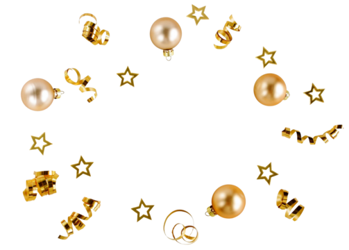 Gold confetti stars balls serpentine streamers pattern  frame isolated png cutout object on transparent background. Holiday, New Year Christmas design elements - Powered by Adobe