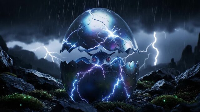 Dragon egg cracks open beneath a lightning strike, glowing with raw energy as storm and rain batter a rocky landscape, heralding a mythical birth and awakening