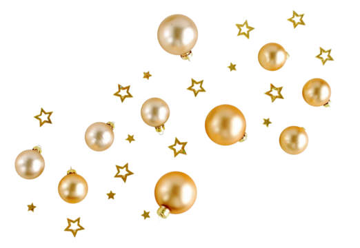 Christmas gold decor balls and stars pattern isolated png cutout object on transparent background. Holiday, New Year Christmas design elements - Powered by Adobe