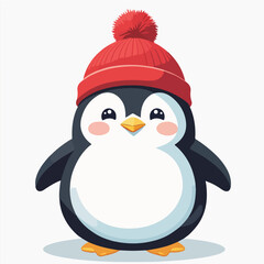 chubby penguin character with a red beanie and pom-pom, cute round body, happy smile, wings slightly open