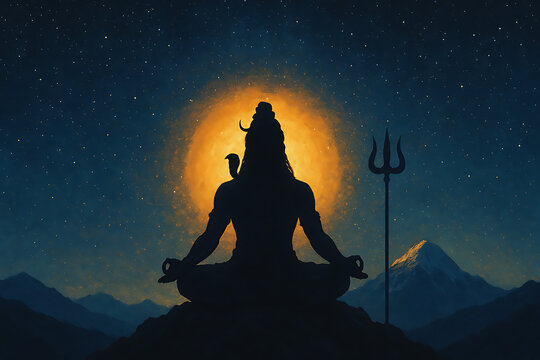 Silhouette of lord mahadev shiva meditating in padmasana yoga pose atop a mountain under a starry night sky with a huge glowing orange sun or moon and trishul trident for shivratri inspiration