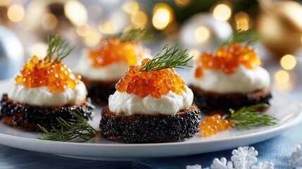 Elegant appetizers with caviar and dill for festive occasions