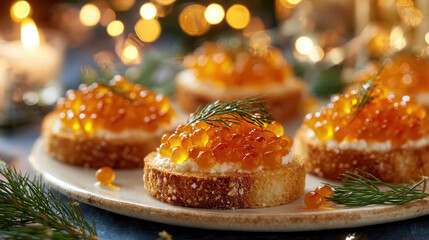 Elegant appetizers featuring red caviar topped canap s with festive bokeh lights