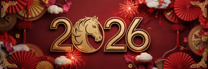 Banner for the Chinese New Year 2026 "Year of the Horse". On a festive background of rich red color.