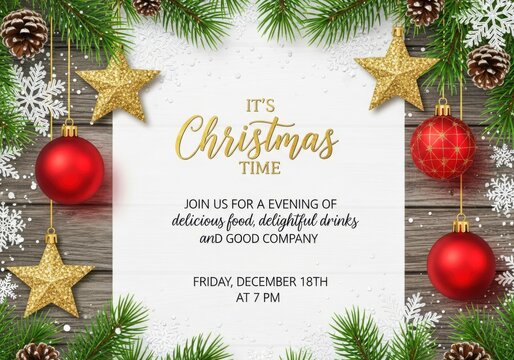 Elegant christmas invitation with golden stars, red ornaments and pine branches isolated on white background - Powered by Adobe