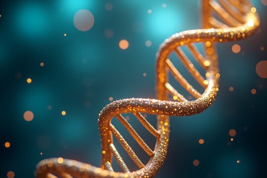 Golden DNA helix spirals against teal backdrop, glowing particles float around, symbolizing genetic science and innovation. - Powered by Adobe