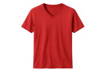 Red v-neck t-shirt standing on transparent background, showcasing blank apparel for mock-up projects and fashion design