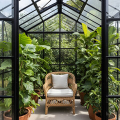 Relaxation chair in lush greenhouse