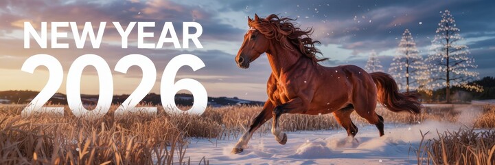 New Year 2026 with the red horse symbol. A banner symbolizing the New Year.