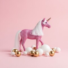 Pink Unicorn Figurine Surrounded by Decorative Spheres on Pink Background