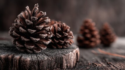 Image of pine cones atop a wooden stump against a blurred brown backdrop