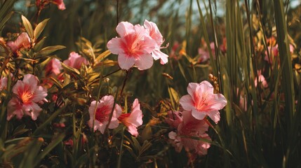 Image of pink blossoms against green foliage and grass