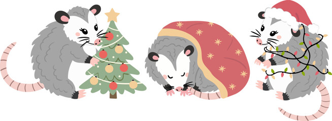 christmas opossums new year elements vector set isolated drawn possums animals web design