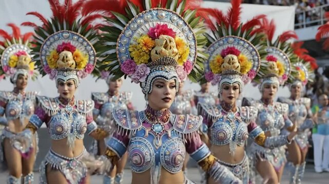 Vibrant carnival parade with ornate costumes and colorful dancers celebrating festive traditions