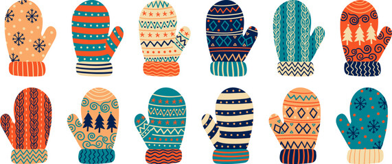 set various colorful knitted winter mittens scandinavian style ornaments isolated background christmas holiday vector elements